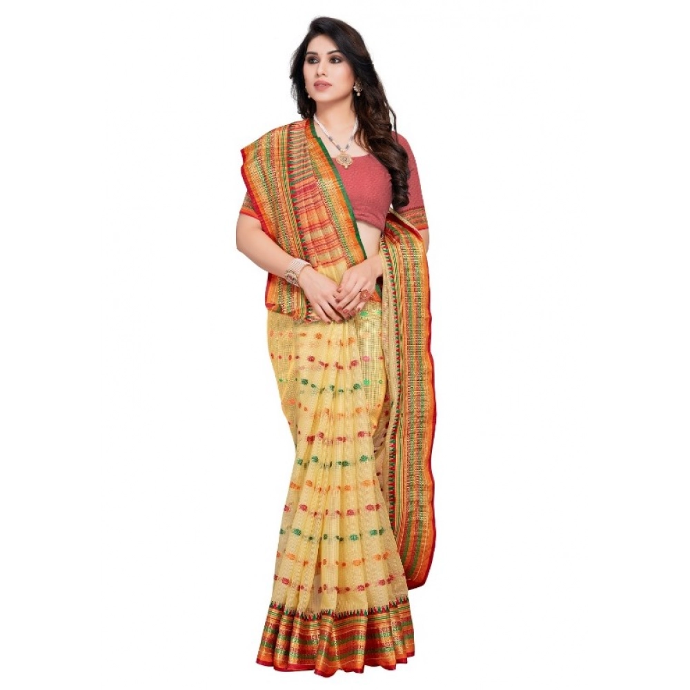 Women's Kota Doria Cotton Woven Butta Saree With Blouse (Beige, 5-6 Mtrs) - Image 4