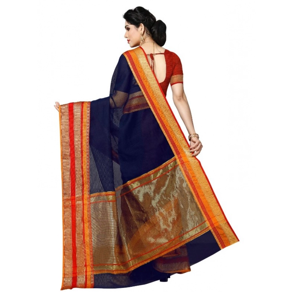 Women's Kota Doria Cotton Border Saree With Blouse (Navy Blue, 5-6 Mtrs) - Image 4