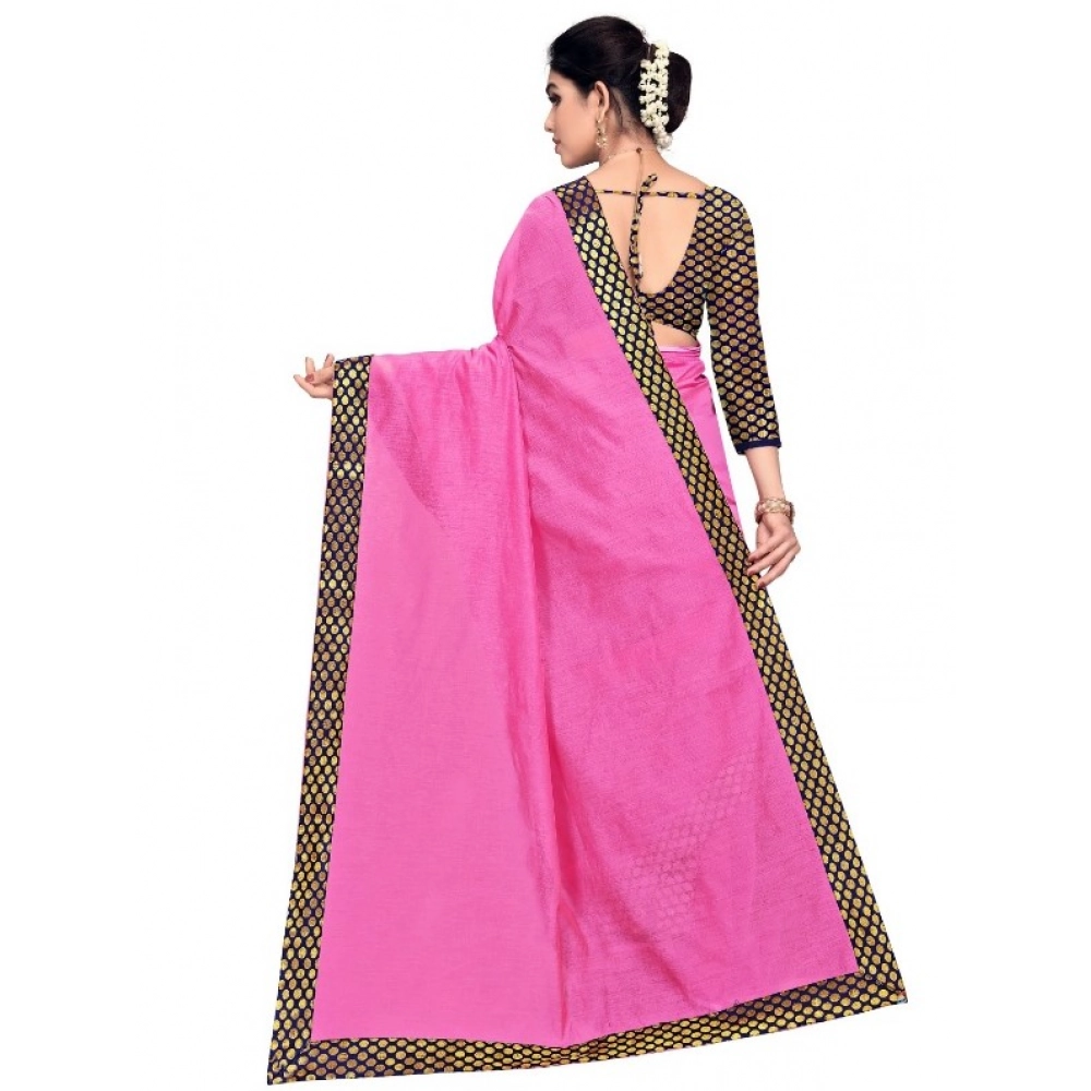 Women's Chanderi Cotton Lace Border Saree With Blouse (Pink, 5-6 Mtrs) - Image 3