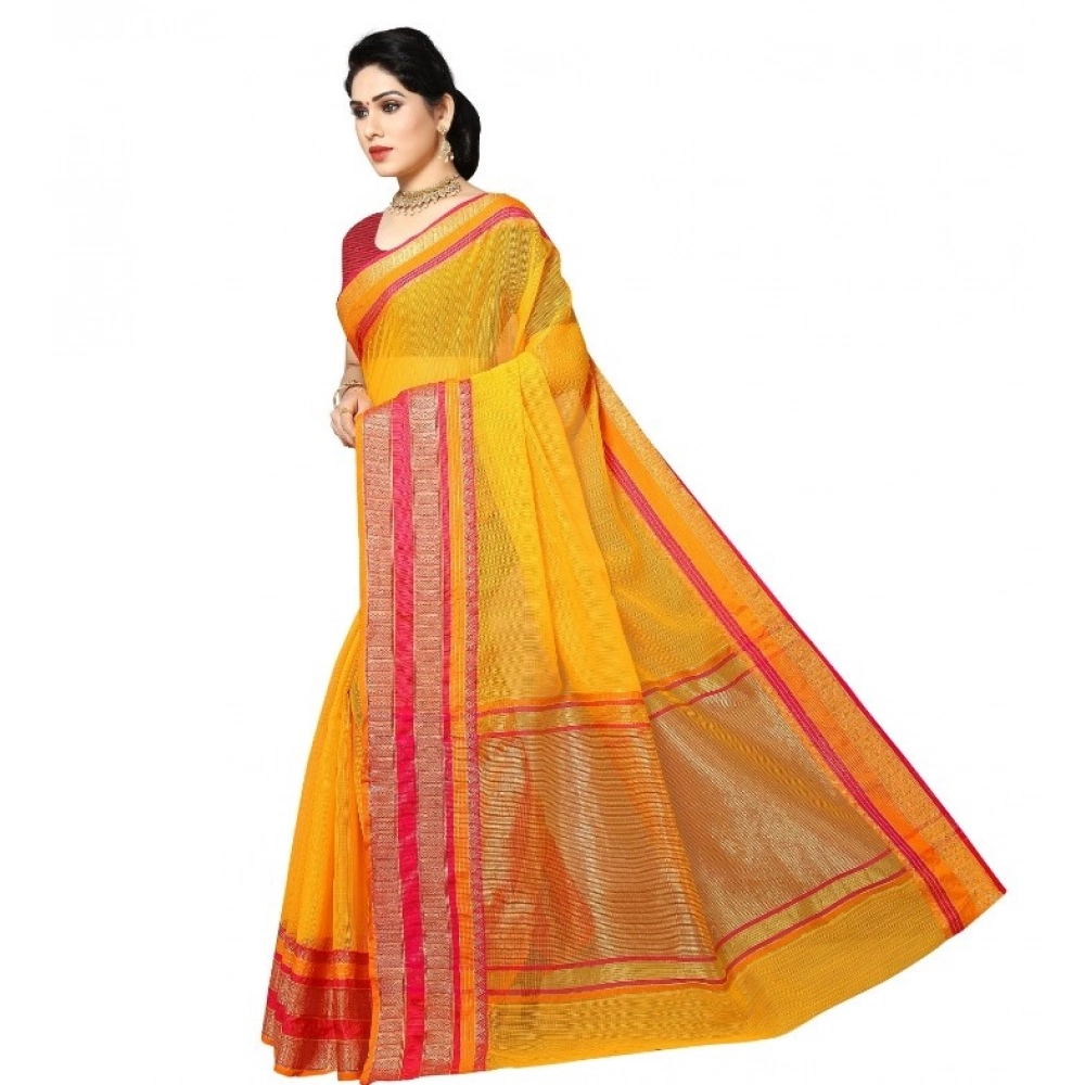 Women's Kota Doria Cotton Border Saree With Blouse (Gold, 5-6 Mtrs) - Image 2