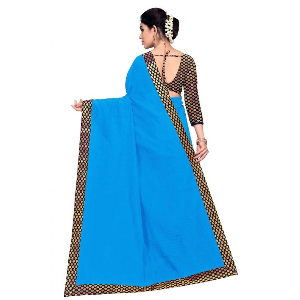 Women's Chanderi Cotton Lace Border Saree With Blouse (Sky Blue, 5-6 Mtrs) - Image 4