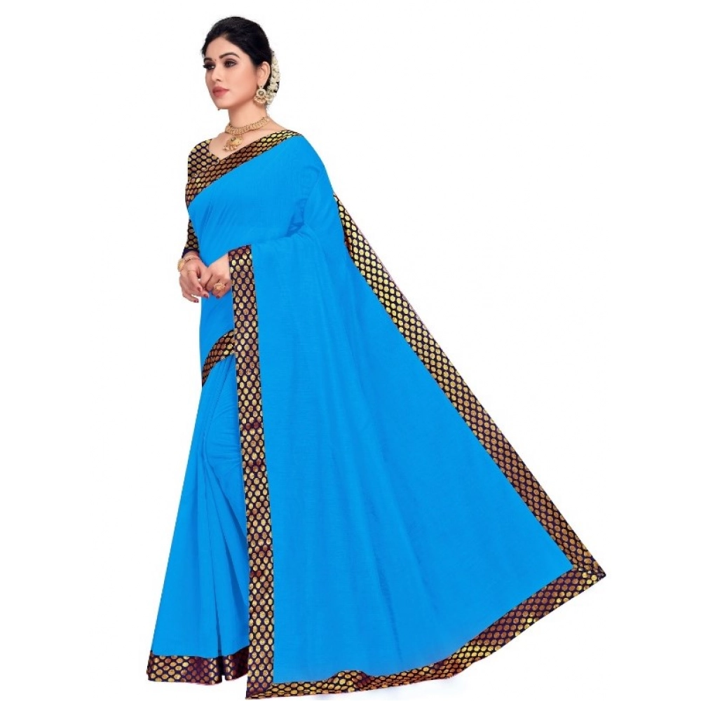 Women's Chanderi Cotton Lace Border Saree With Blouse (Sky Blue, 5-6 Mtrs) - Image 3