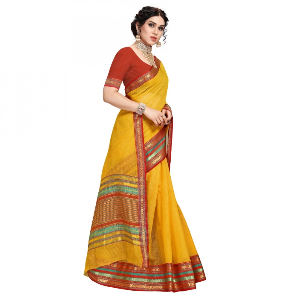 Women's Kota Doria Cotton Bordered Saree With Blouse (Yellow, 5-6 Mtrs) - Image 3