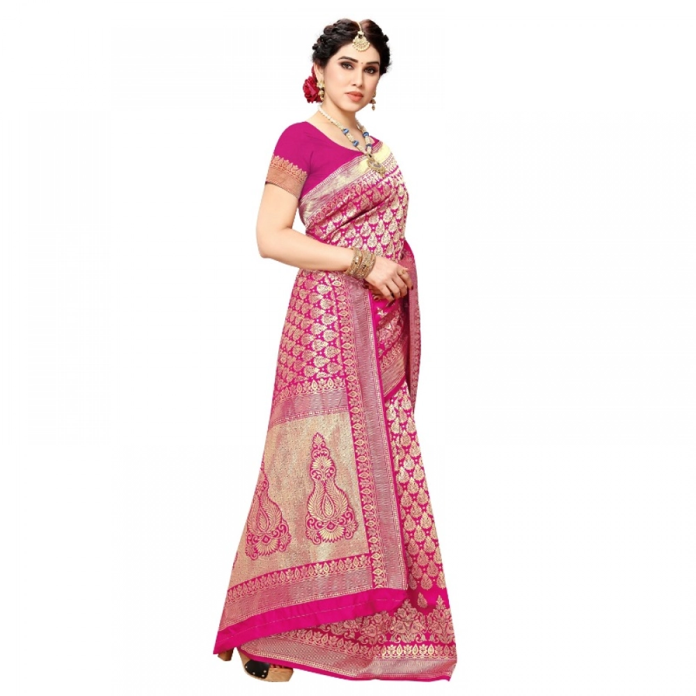 Women's Jacquard Silk Kanjivaram Jacquard Silk Saree With Blouse (Pink, 5-6 Mtrs) - Image 2