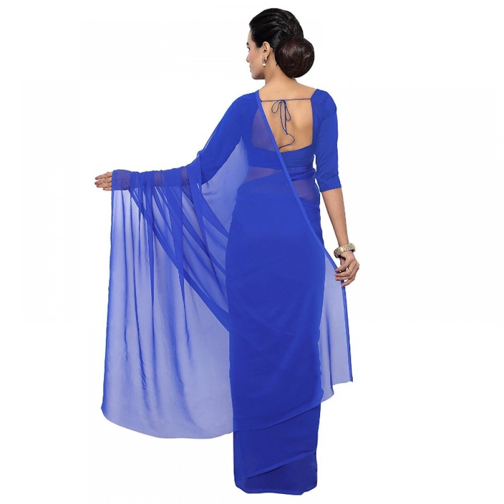 Women's Georgette Plain Saree With Blouse (Royal Blue, 5-6 Mtrs) - Image 2