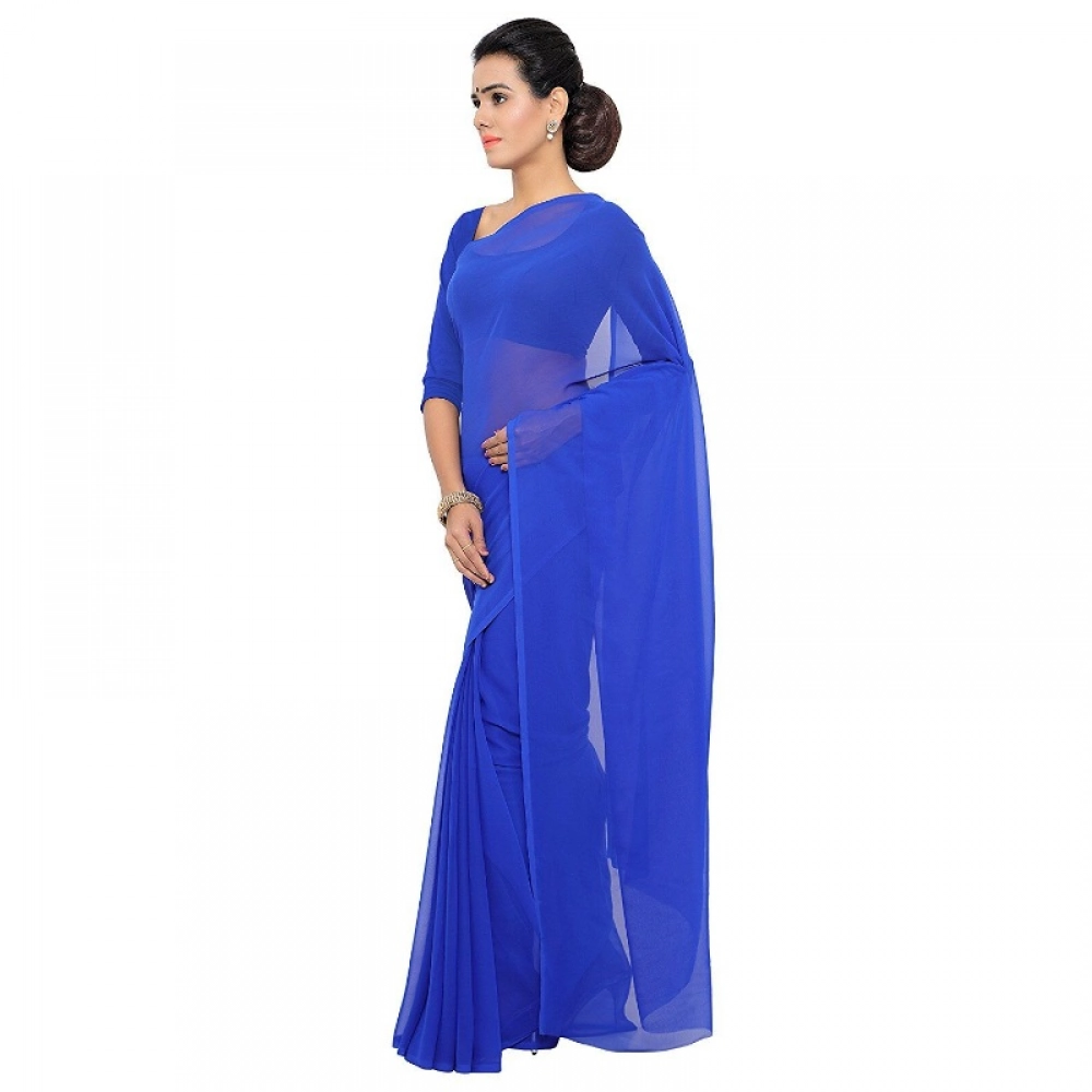 Women's Georgette Plain Saree With Blouse (Royal Blue, 5-6 Mtrs) - Image 3