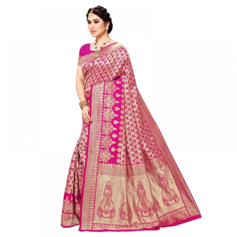 Women's Jacquard Silk Kanjivaram Jacquard Silk Saree With Blouse (Pink, 5-6 Mtrs) - Image 3