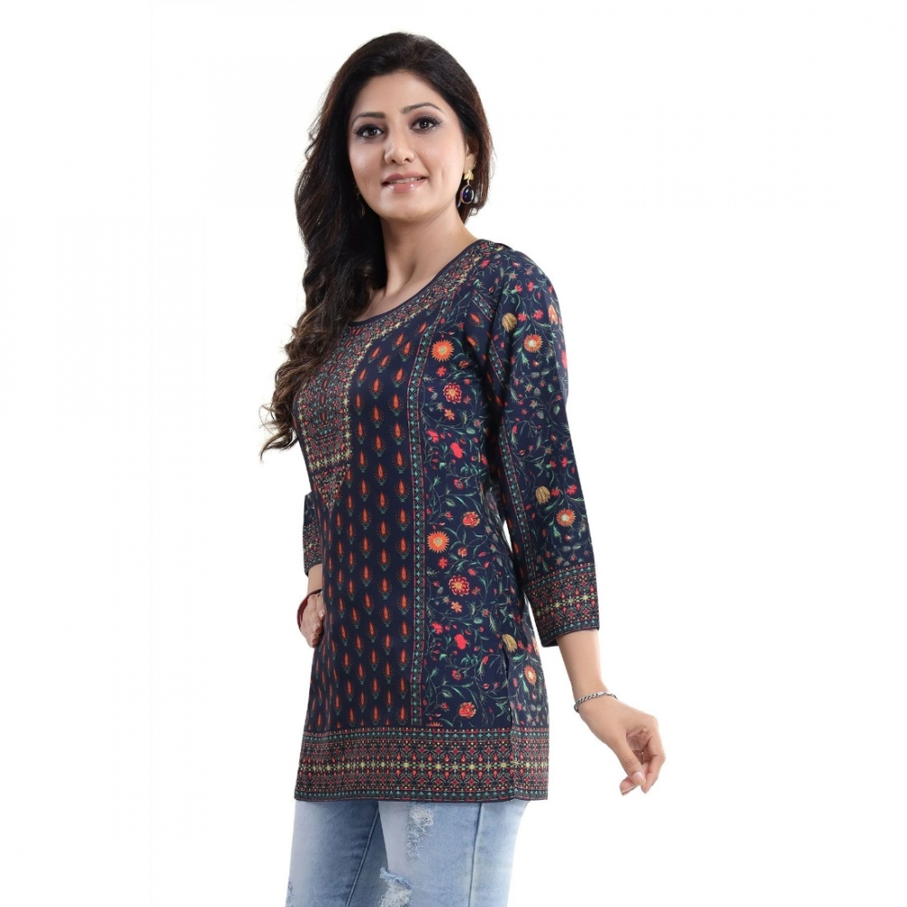 Women's Quarter Sleeve Faux Crepe Printed Short Kurti Tunic Top (Color:Blue) - Image 4