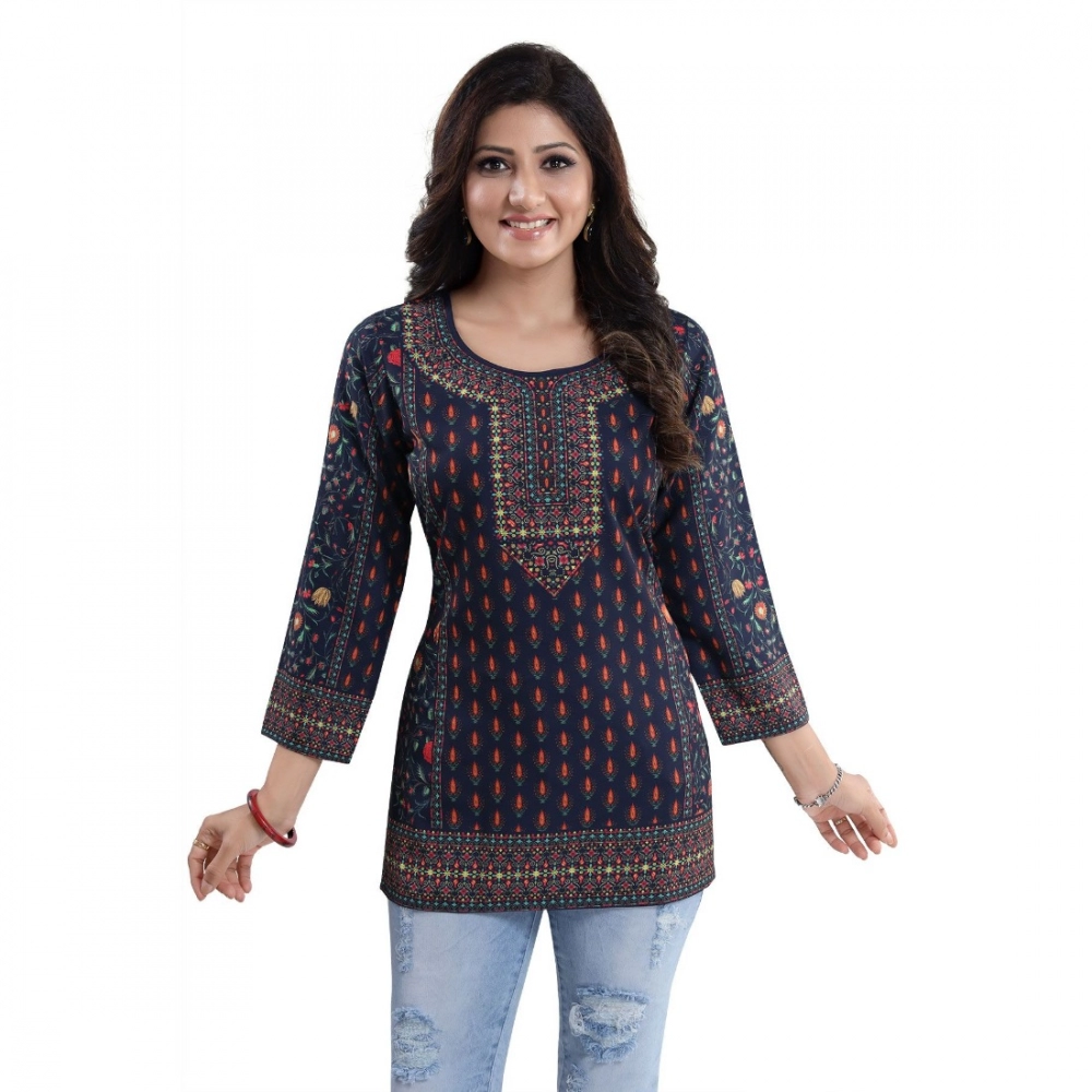 Women's Quarter Sleeve Faux Crepe Printed Short Kurti Tunic Top (Color:Blue)