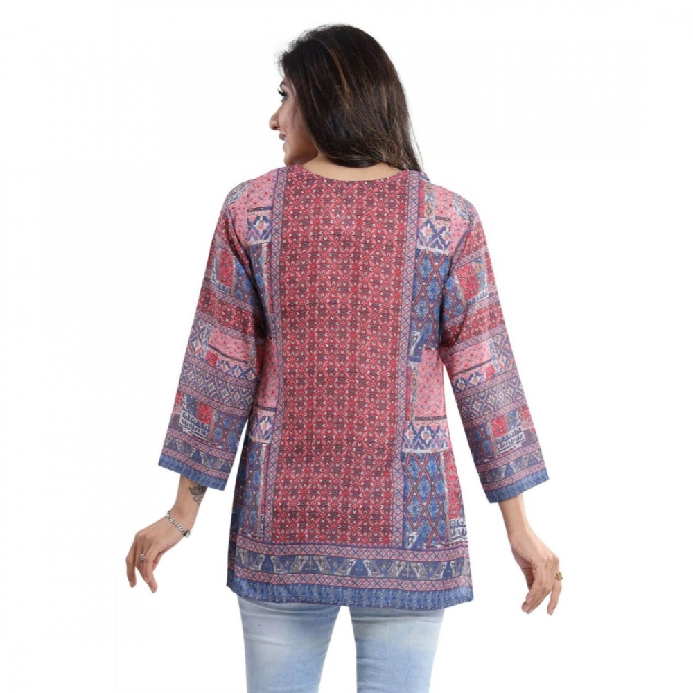 Women's Quarter Sleeve Faux Crepe Printed Short Kurti Tunic Top (Color:Multicolor) - Image 2