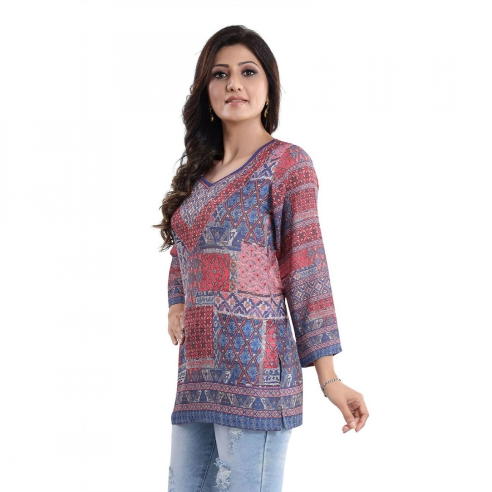 Women's Quarter Sleeve Faux Crepe Printed Short Kurti Tunic Top (Color:Multicolor) - Image 4