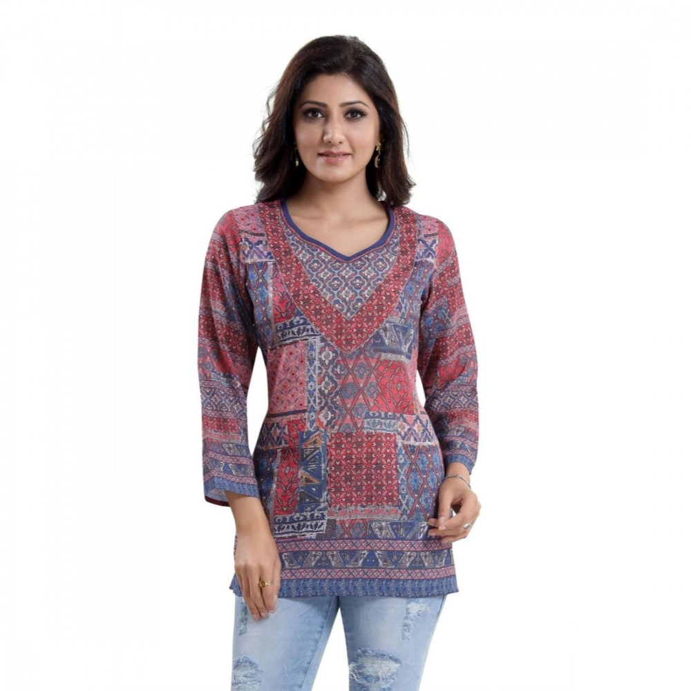 Women's Quarter Sleeve Faux Crepe Printed Short Kurti Tunic Top (Color:Multicolor) - Image 6