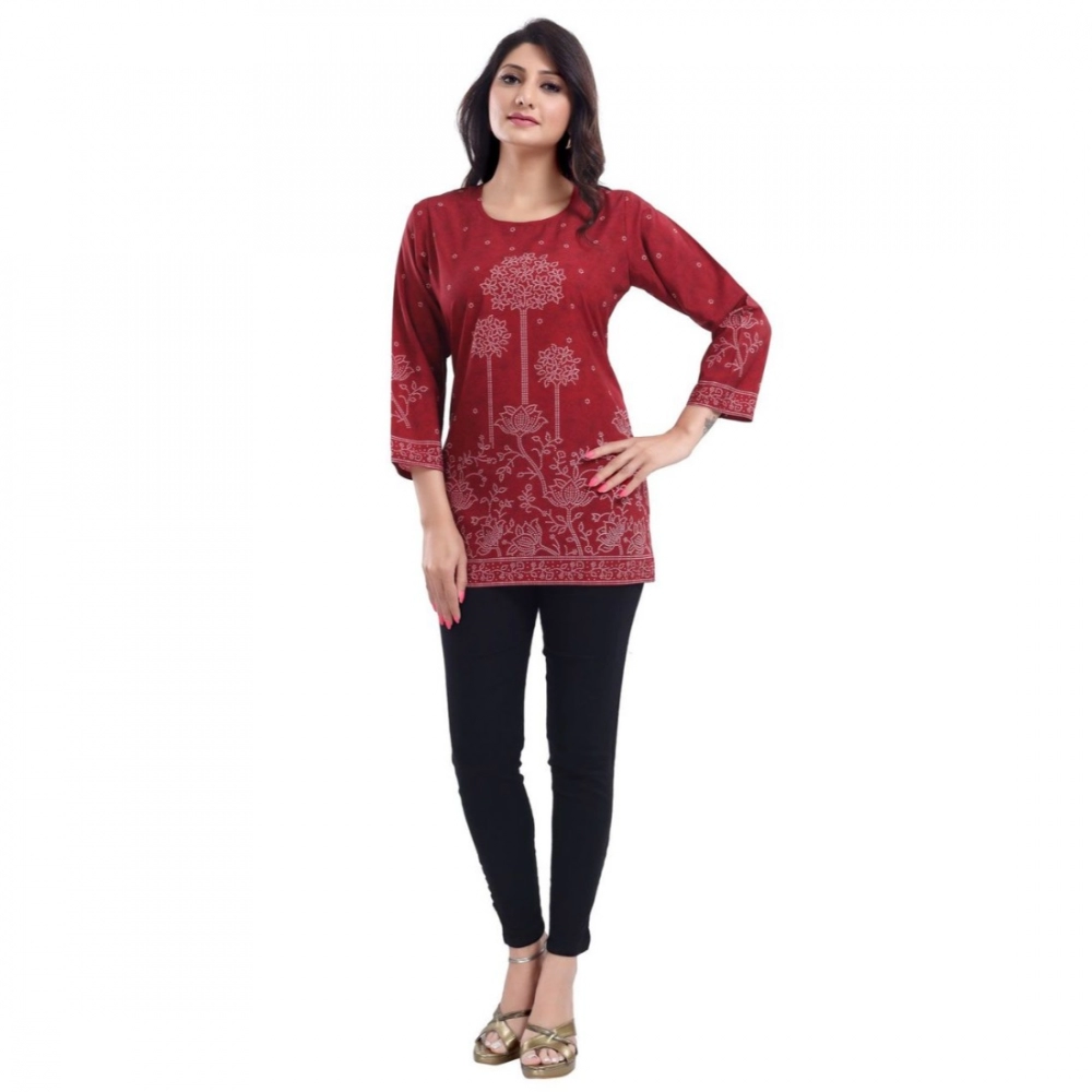 Women's Quarter Sleeve Faux Crepe Printed Short Kurti Tunic Top (Color:Maroon) - Image 5