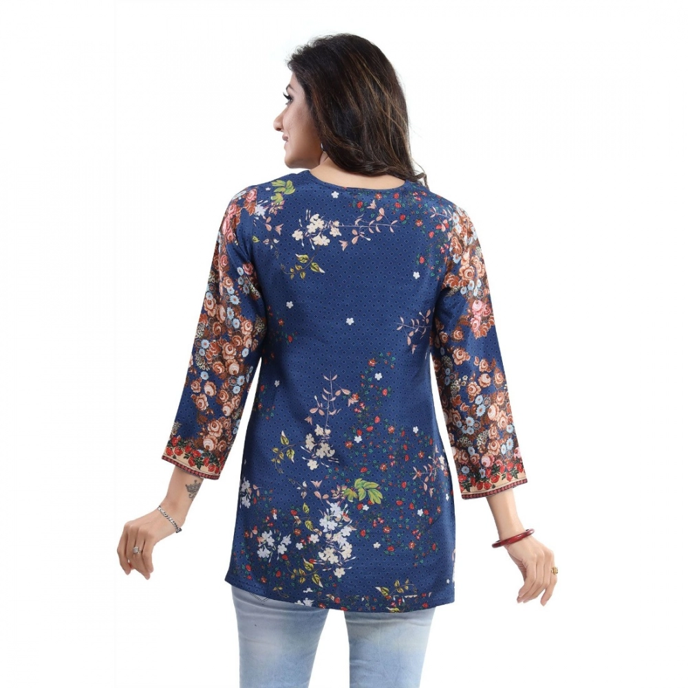 Women's Quarter Sleeve Faux Crepe Printed Short Kurti Tunic Top (Color:Pastel) - Image 2