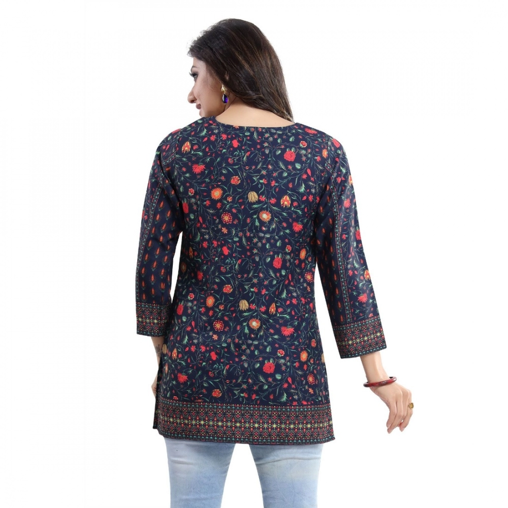 Women's Quarter Sleeve Faux Crepe Printed Short Kurti Tunic Top (Color:Blue) - Image 2