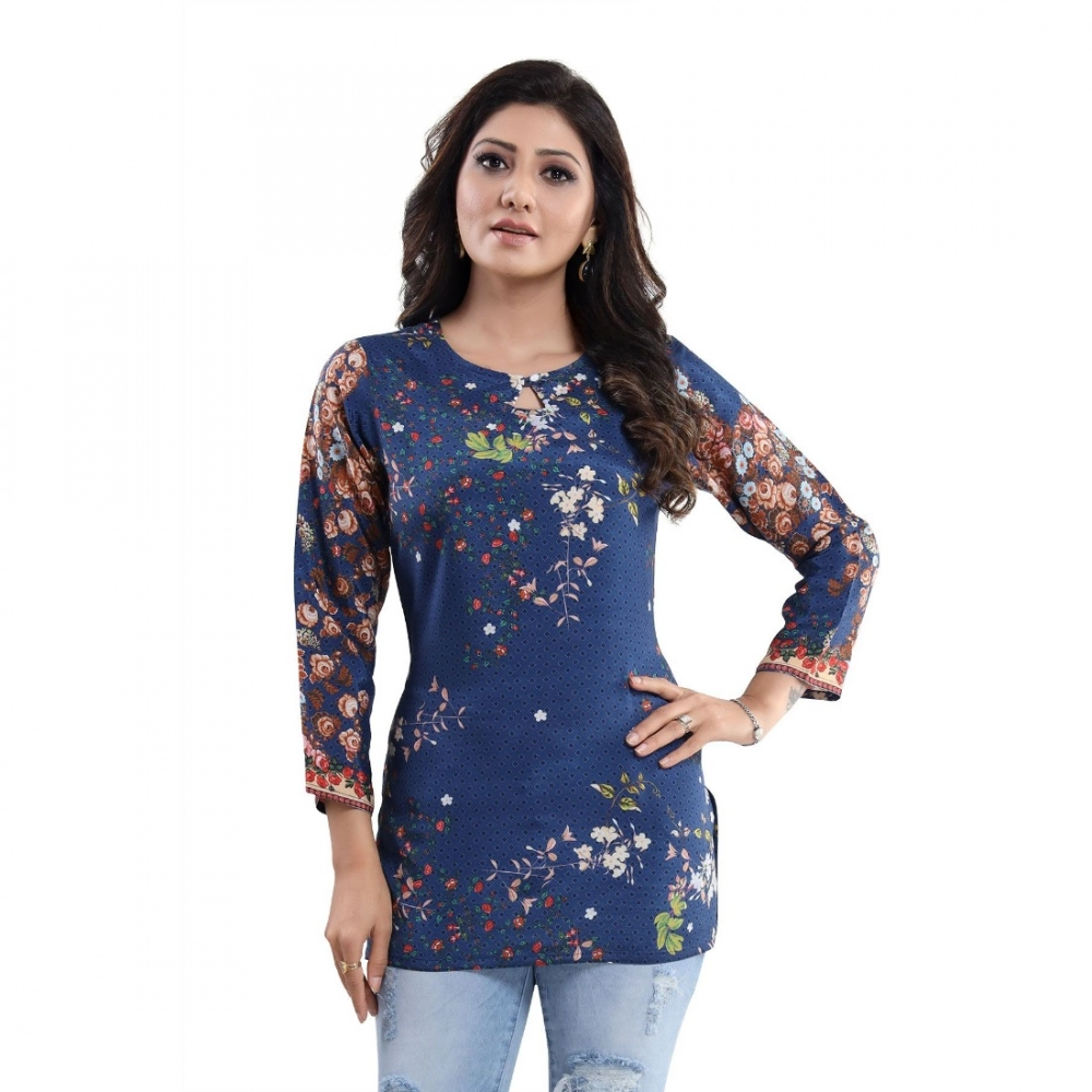 Women's Quarter Sleeve Faux Crepe Printed Short Kurti Tunic Top (Color:Pastel) - Image 3