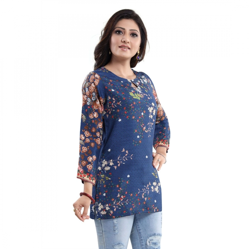 Women's Quarter Sleeve Faux Crepe Printed Short Kurti Tunic Top (Color:Pastel) - Image 4
