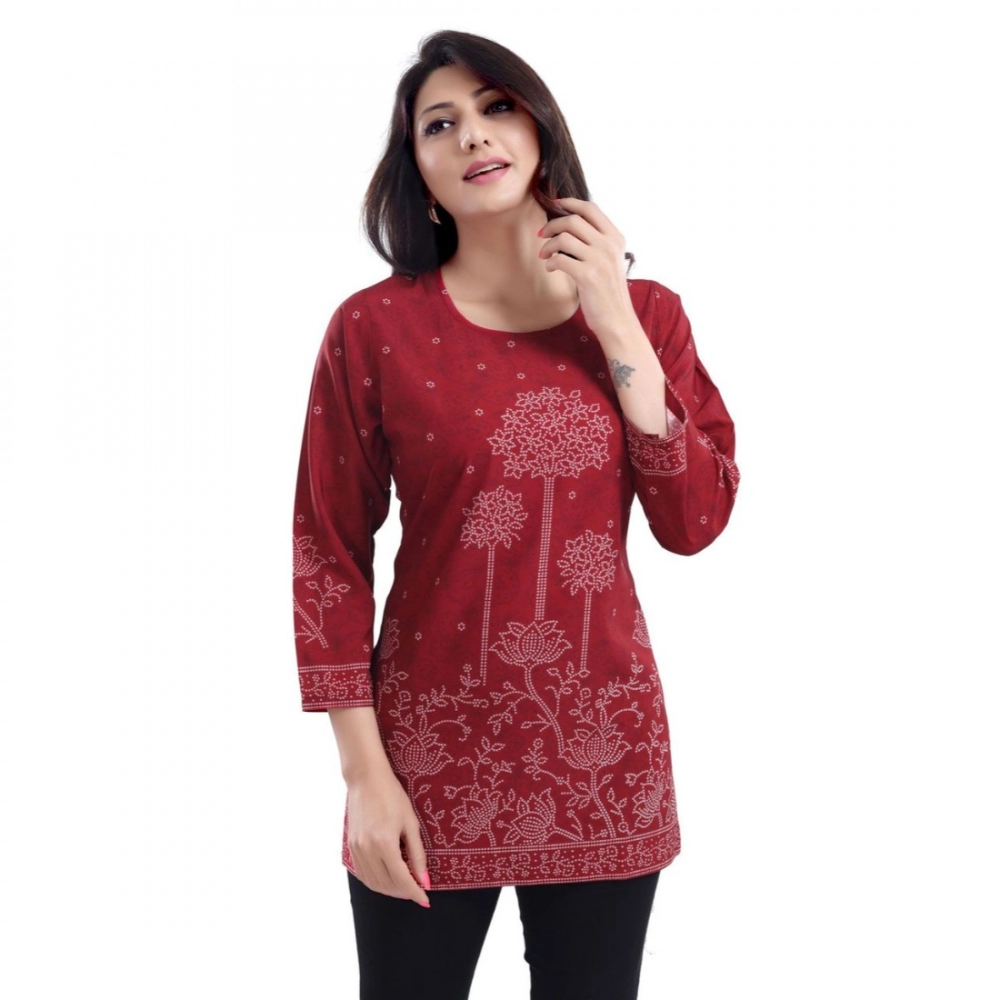 Women's Quarter Sleeve Faux Crepe Printed Short Kurti Tunic Top (Color:Maroon) - Image 3