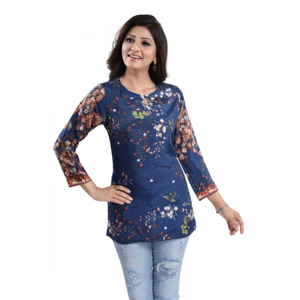 Women's Quarter Sleeve Faux Crepe Printed Short Kurti Tunic Top (Color:Pastel) - Image 6