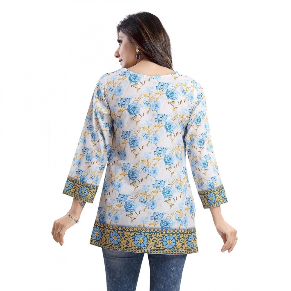 Women's Quarter Sleeve Faux Crepe Printed Short Kurti Tunic Top (Color:White) - Image 2