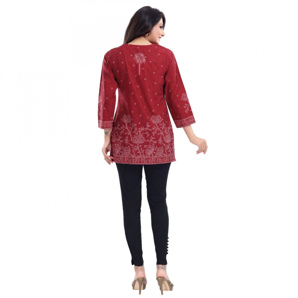 Women's Quarter Sleeve Faux Crepe Printed Short Kurti Tunic Top (Color:Maroon) - Image 2