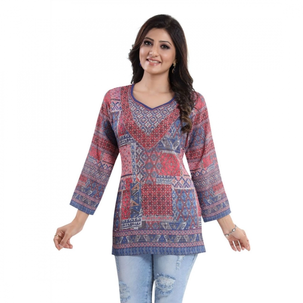 Women's Quarter Sleeve Faux Crepe Printed Short Kurti Tunic Top (Color:Multicolor) - Image 3