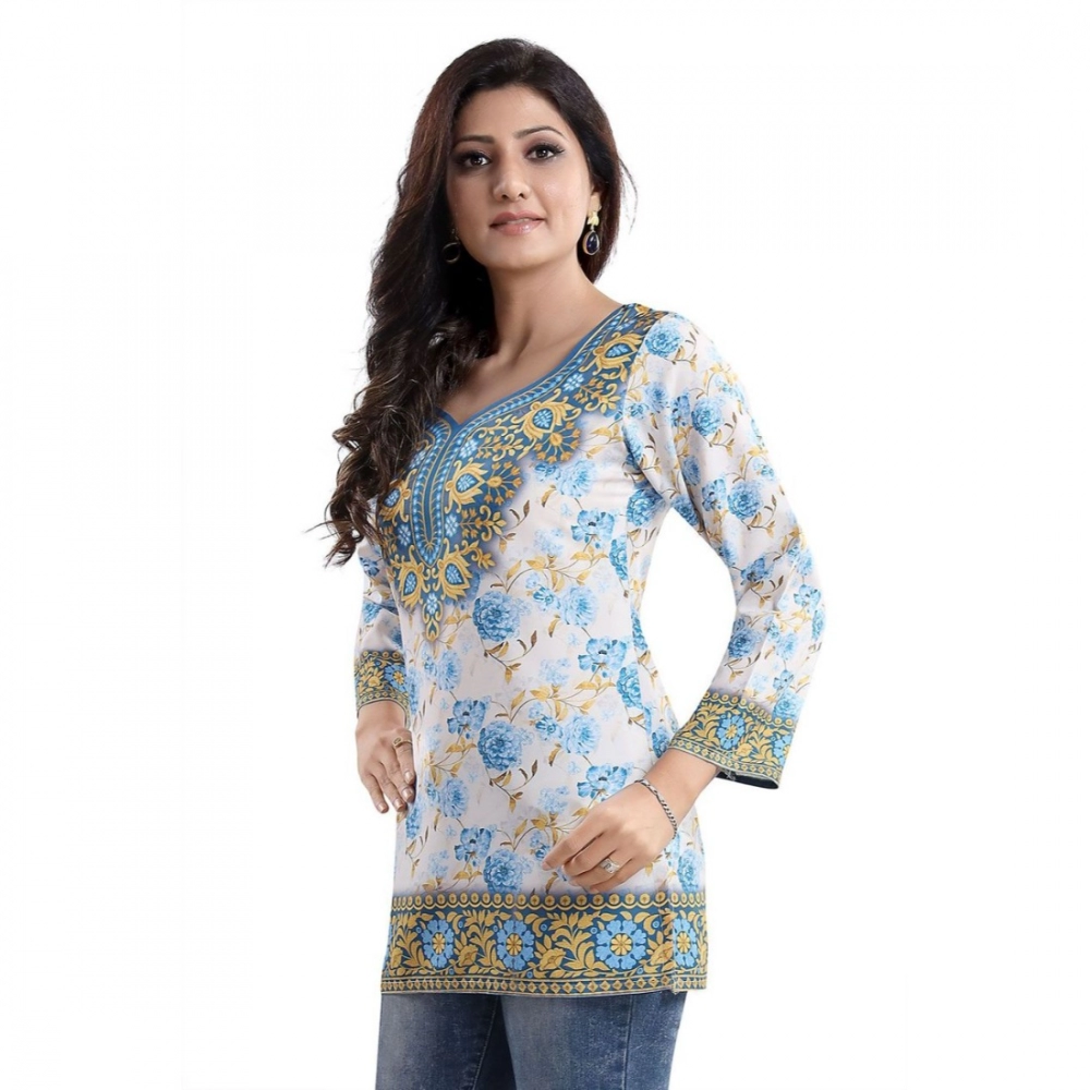 Women's Quarter Sleeve Faux Crepe Printed Short Kurti Tunic Top (Color:White) - Image 4