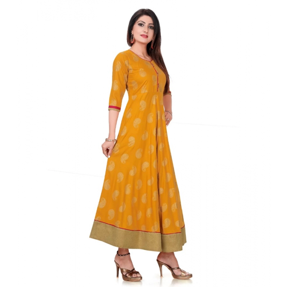Women's Rayon Cotton Golden Yellow And Rani Gold Printed Anarkali Gown Kurti - Image 2