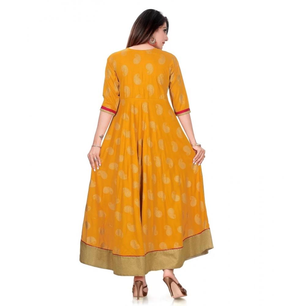 Women's Rayon Cotton Golden Yellow And Rani Gold Printed Anarkali Gown Kurti - Image 3