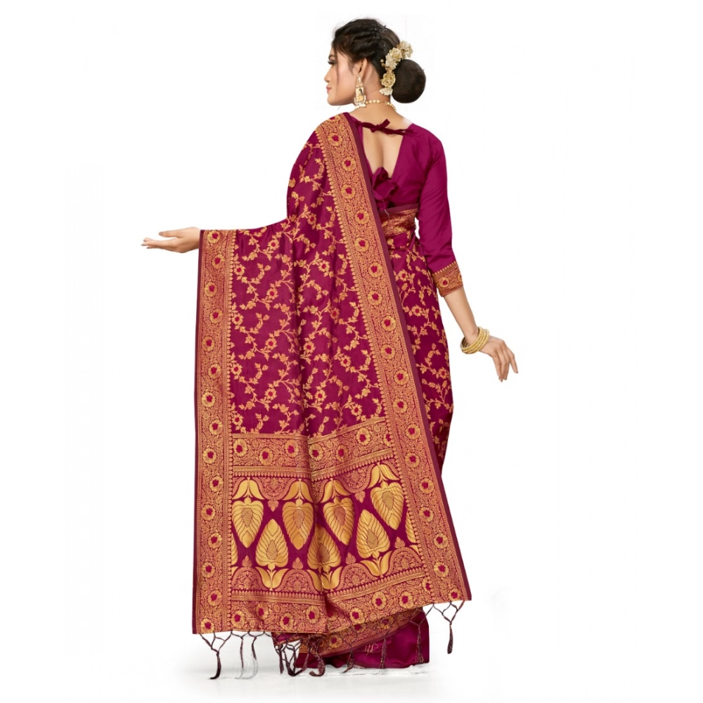 Women's Banarasi Silk Saree With Blouse (Wine, 5-6Mtrs) - Image 2