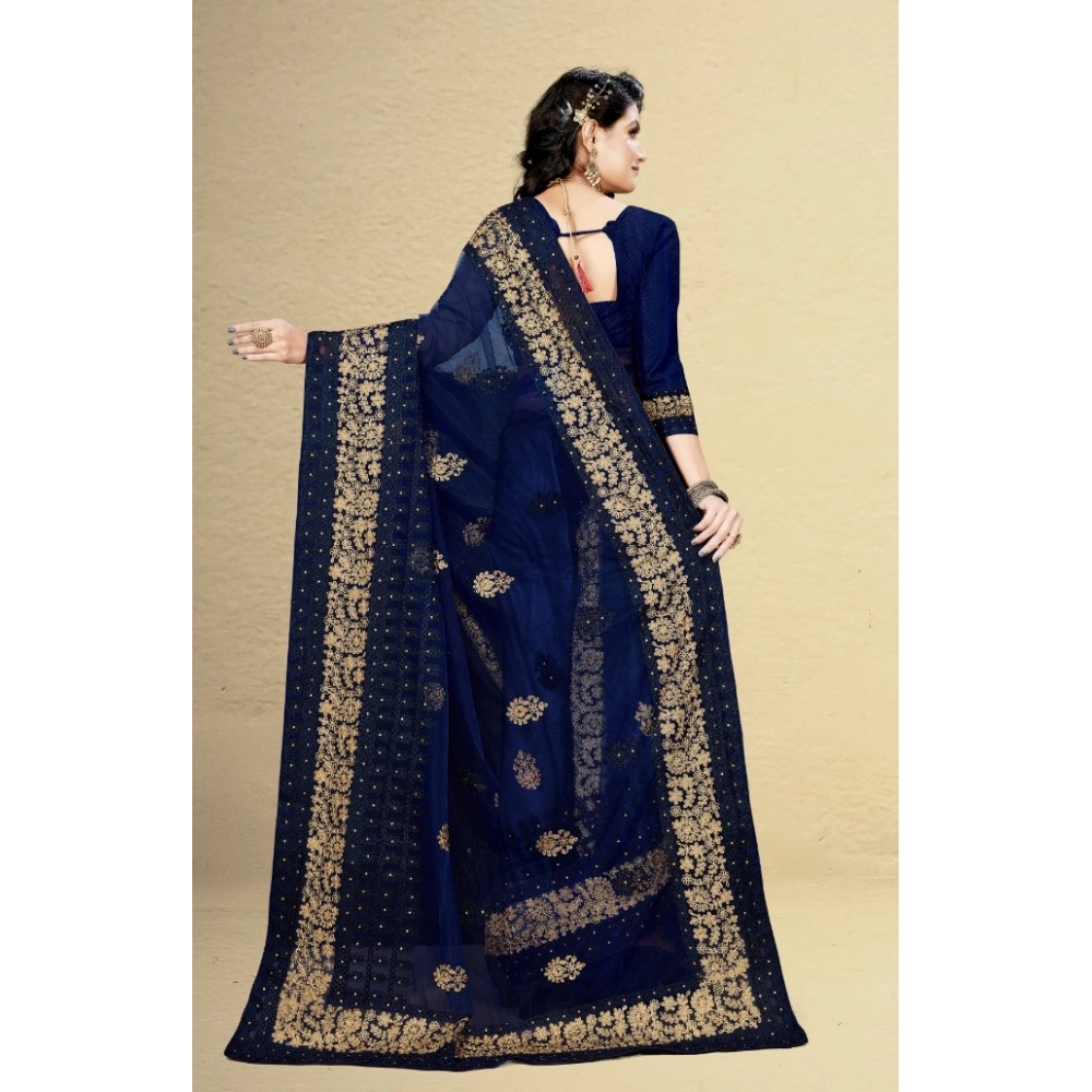 Women's Net Saree With Blouse (Navy Blue, 5-6Mtrs) - Image 2