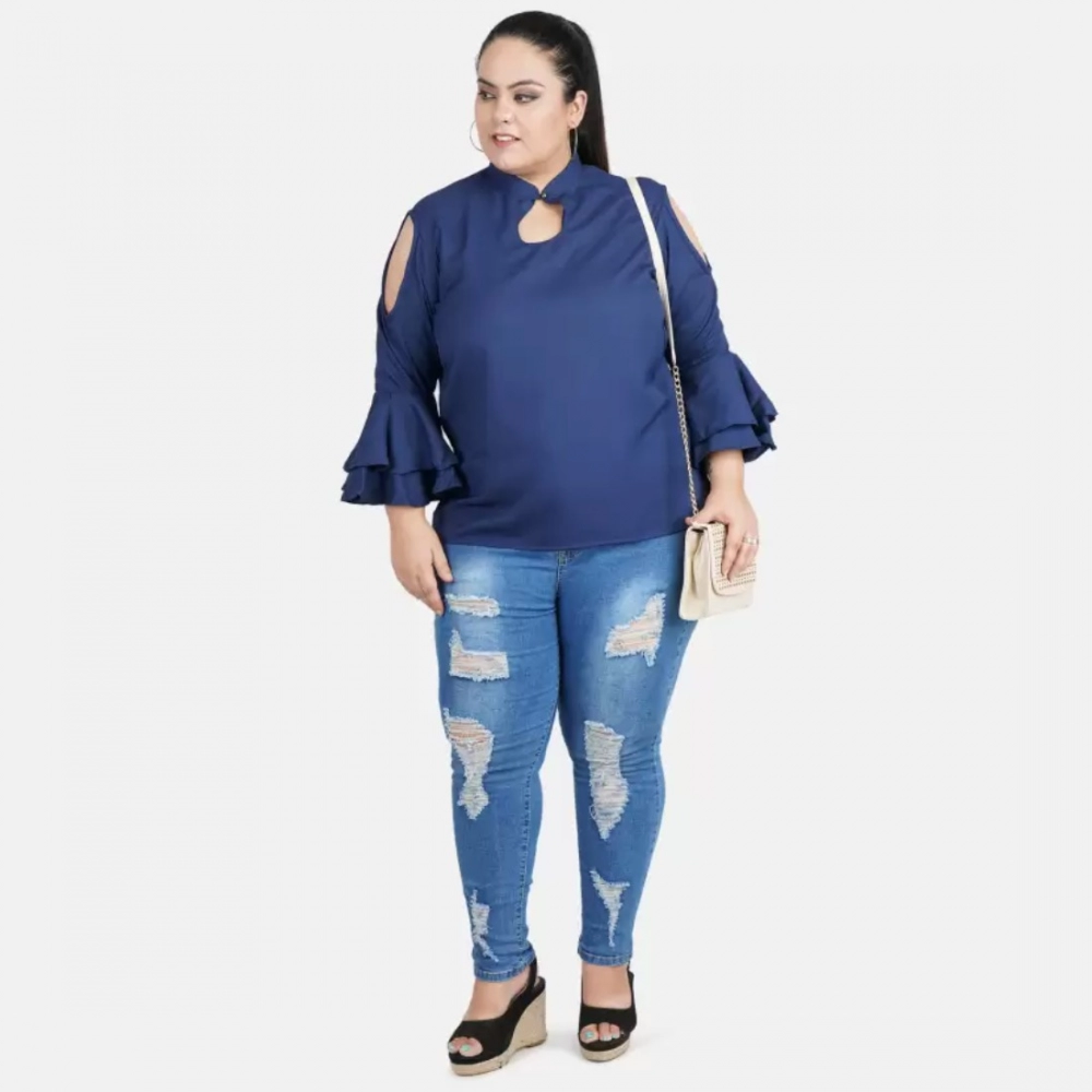Women's Casual Bell Sleeve Solid Blue Top (Color:Blue, Material:Crepe) - Image 2