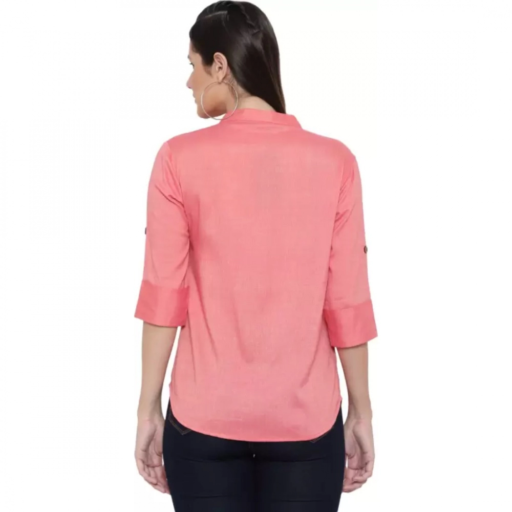 Women's Casual Three Fourth Sleeve Solid Pink Top (Color:Pink, Material:Cotton Linen Blend) - Image 2