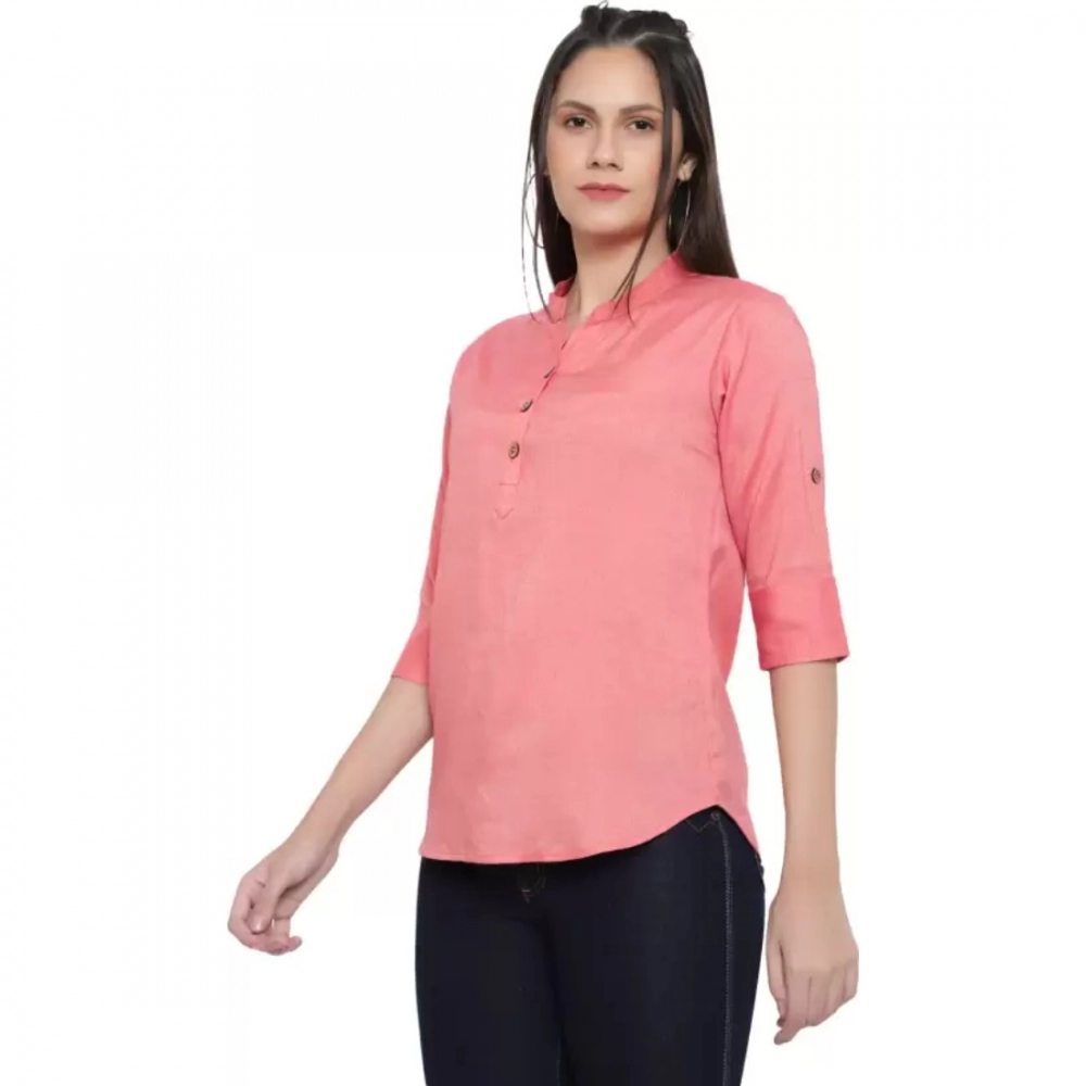 Women's Casual Three Fourth Sleeve Solid Pink Top (Color:Pink, Material:Cotton Linen Blend) - Image 6