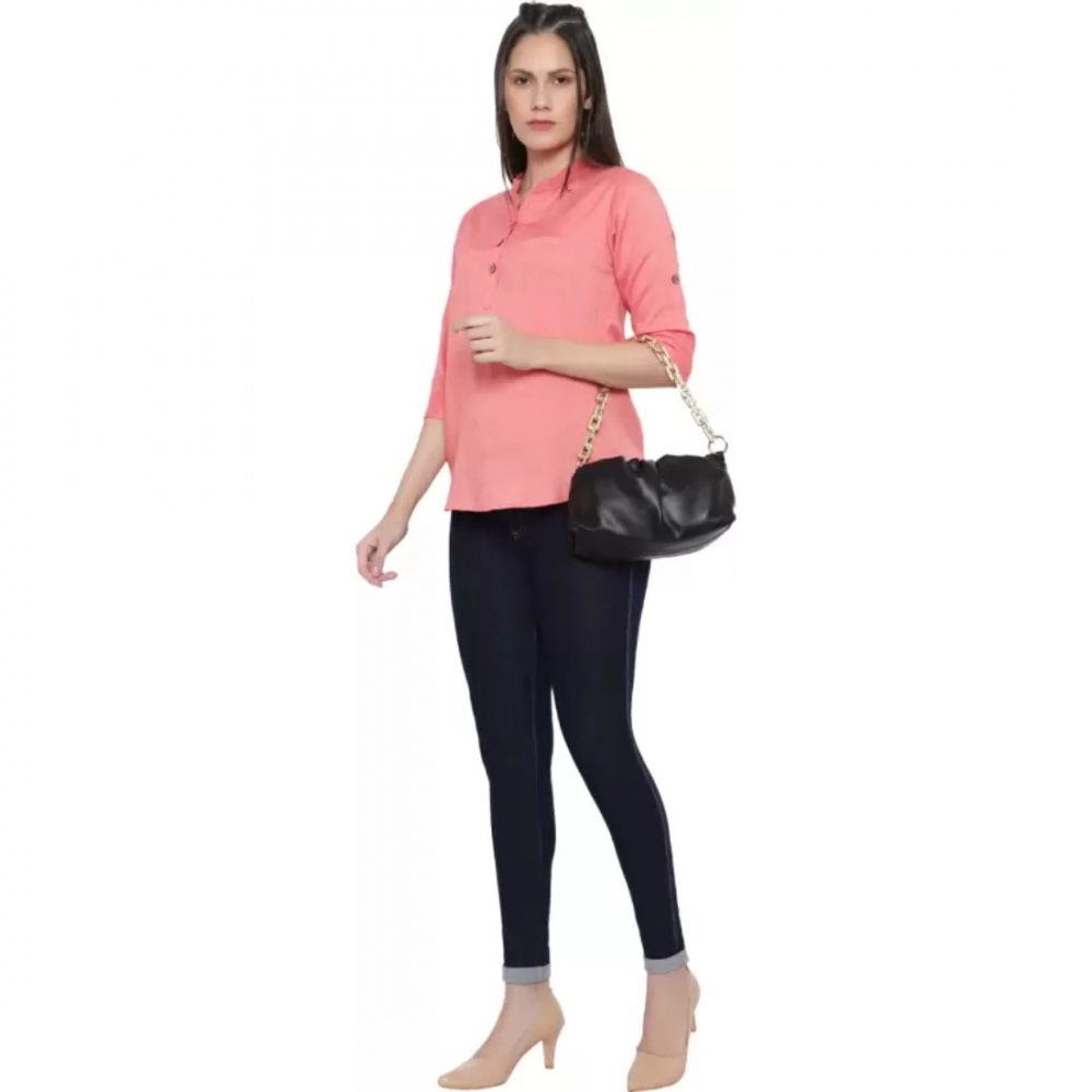 Women's Casual Three Fourth Sleeve Solid Pink Top (Color:Pink, Material:Cotton Linen Blend) - Image 3