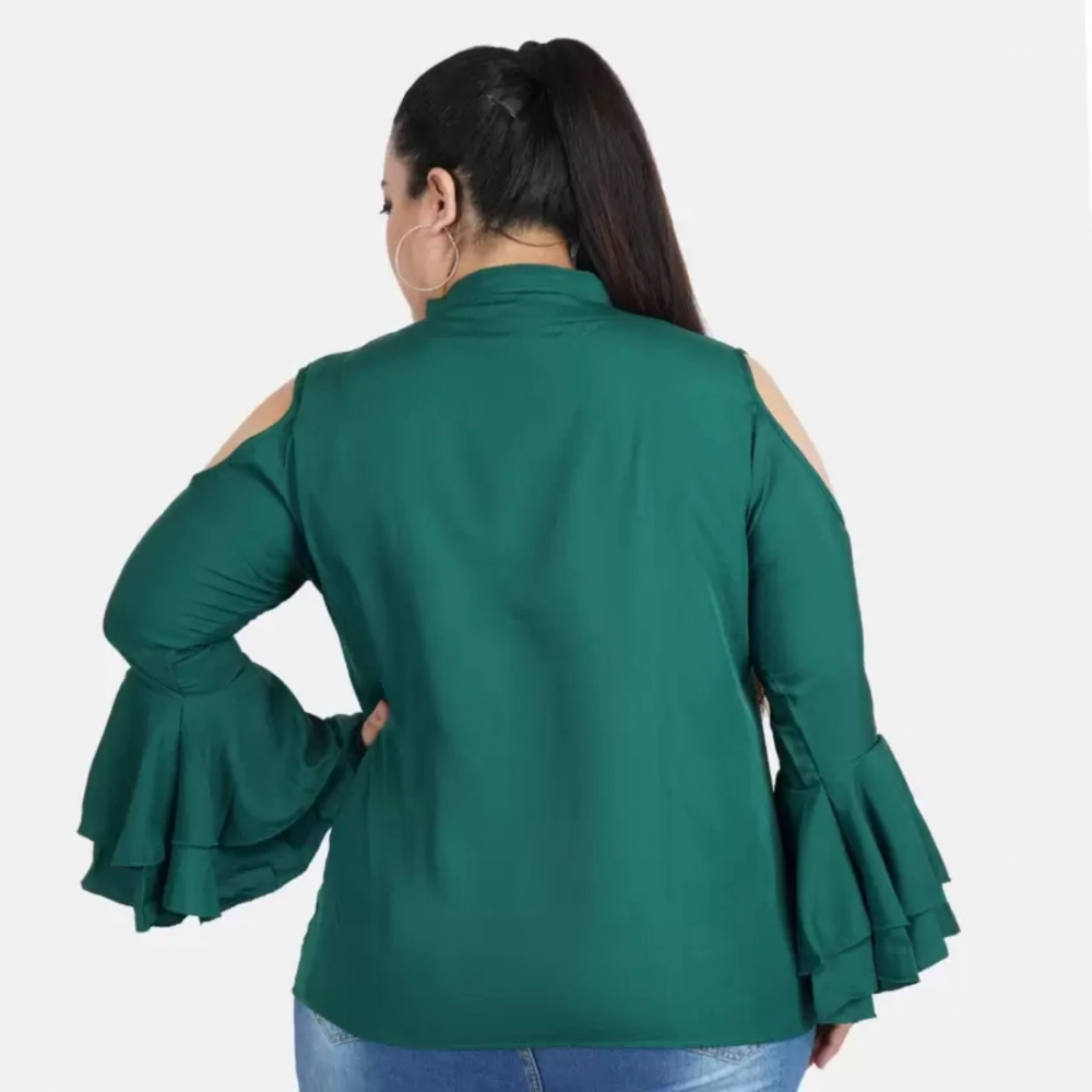 Women's Casual Bell Sleeve Solid Green Top (Color:Green, Material:Crepe) - Image 5
