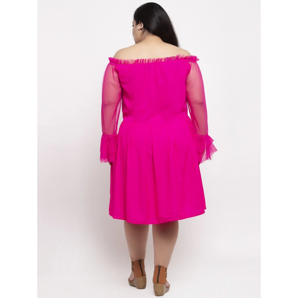 Women's Crepe Solid Knee Length Fit and Flare Dress (Pink) - Image 2