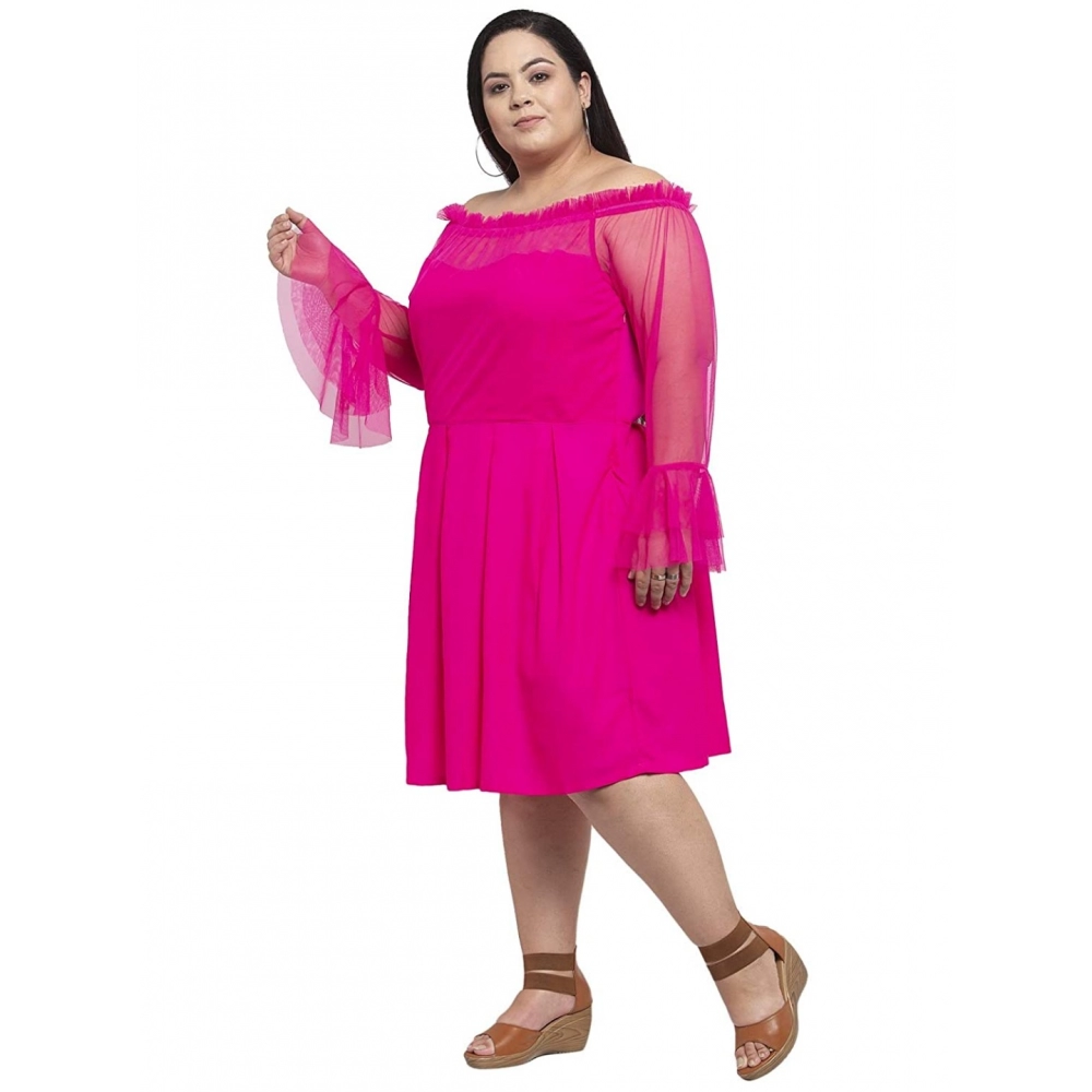 Women's Crepe Solid Knee Length Fit and Flare Dress (Pink) - Image 6