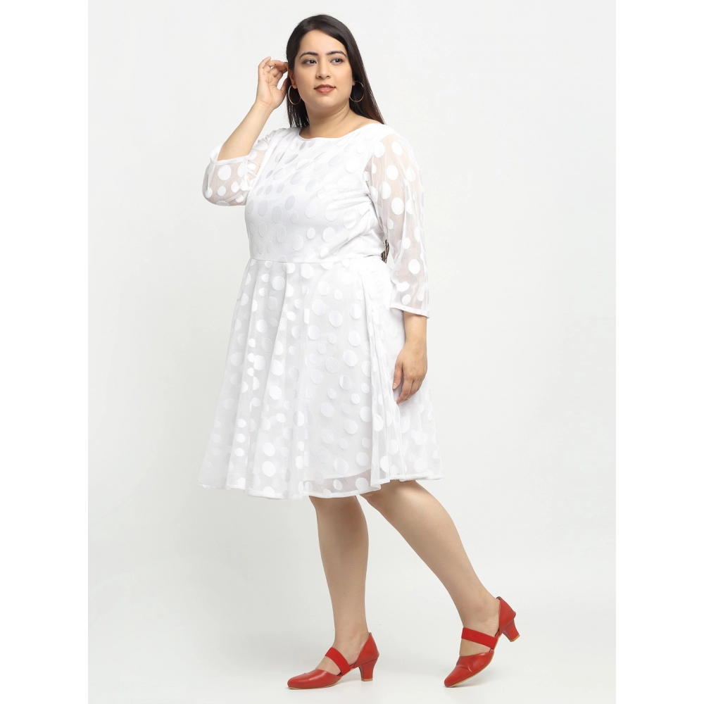 Women's Net Solid Knee Length Fit and Flare Dress (White) - Image 3