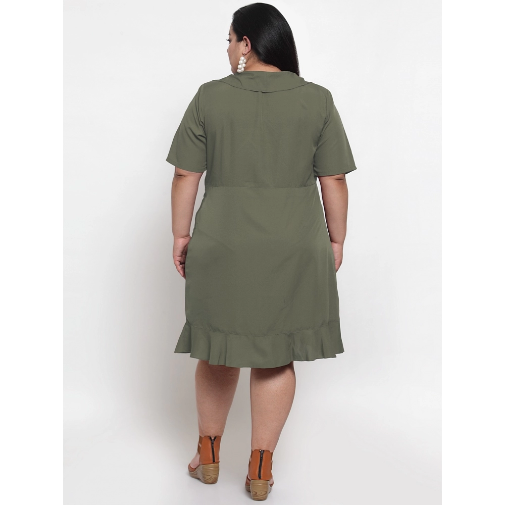 Women's Crepe Solid Knee Length Fit and Flare Dress (Olive Green) - Image 2