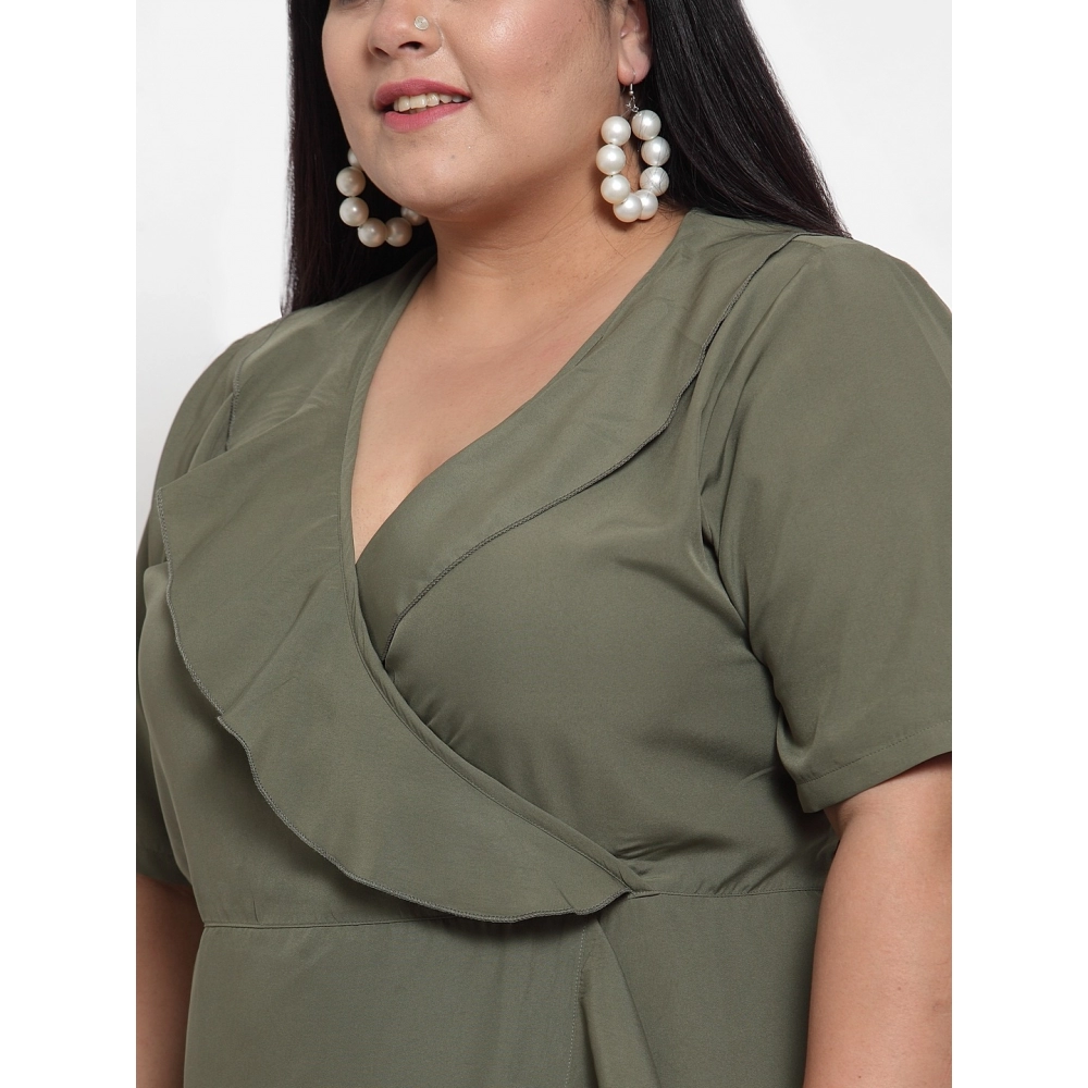 Women's Crepe Solid Knee Length Fit and Flare Dress (Olive Green) - Image 4