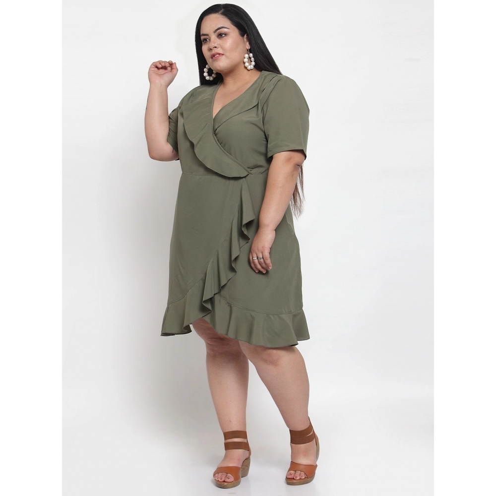Women's Crepe Solid Knee Length Fit and Flare Dress (Olive Green) - Image 6