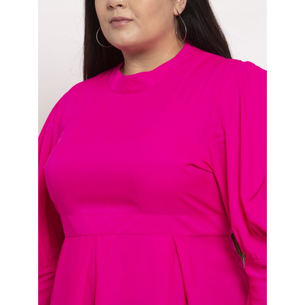 Women's Crepe Solid Knee Length Fit and Flare Dress (Pink) - Image 3