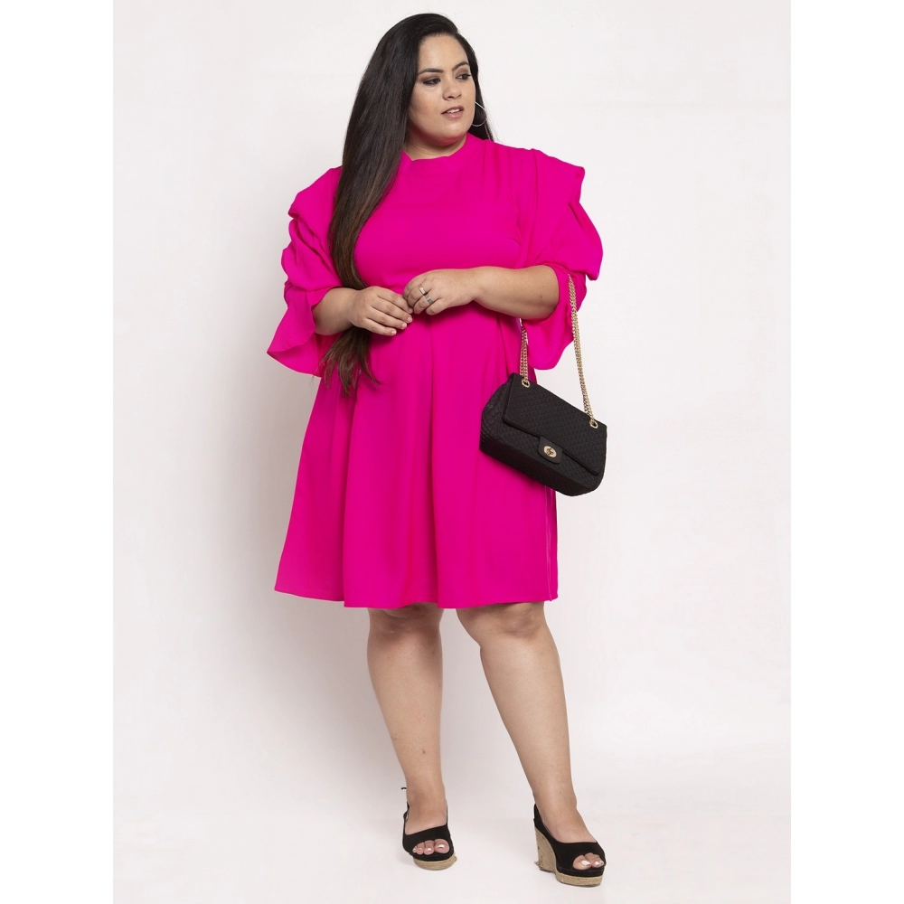 Women's Crepe Solid Knee Length Fit and Flare Dress (Pink) - Image 4