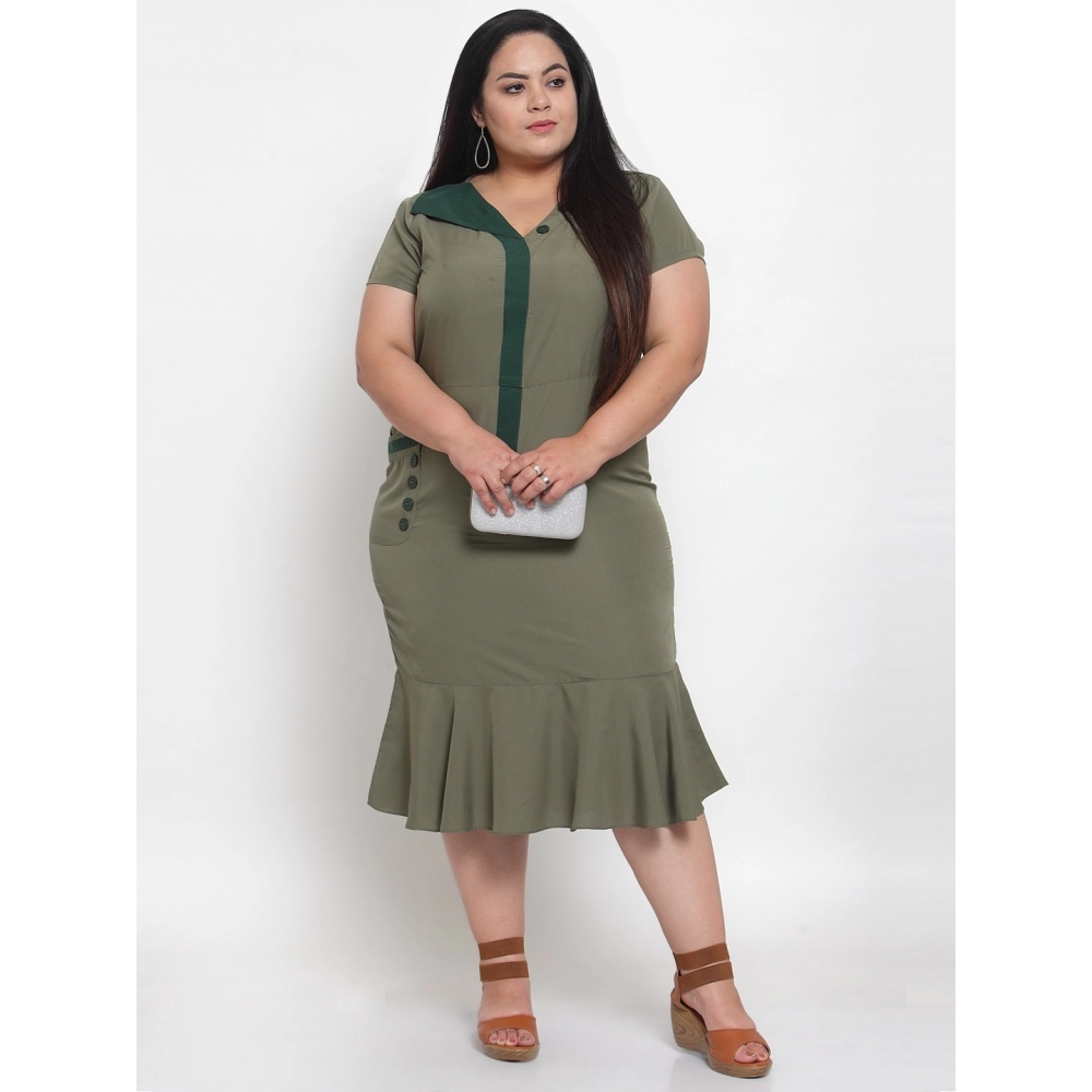Women's Crepe Solid Knee Length Fit and Flare Dress (Olive Green) - Image 3