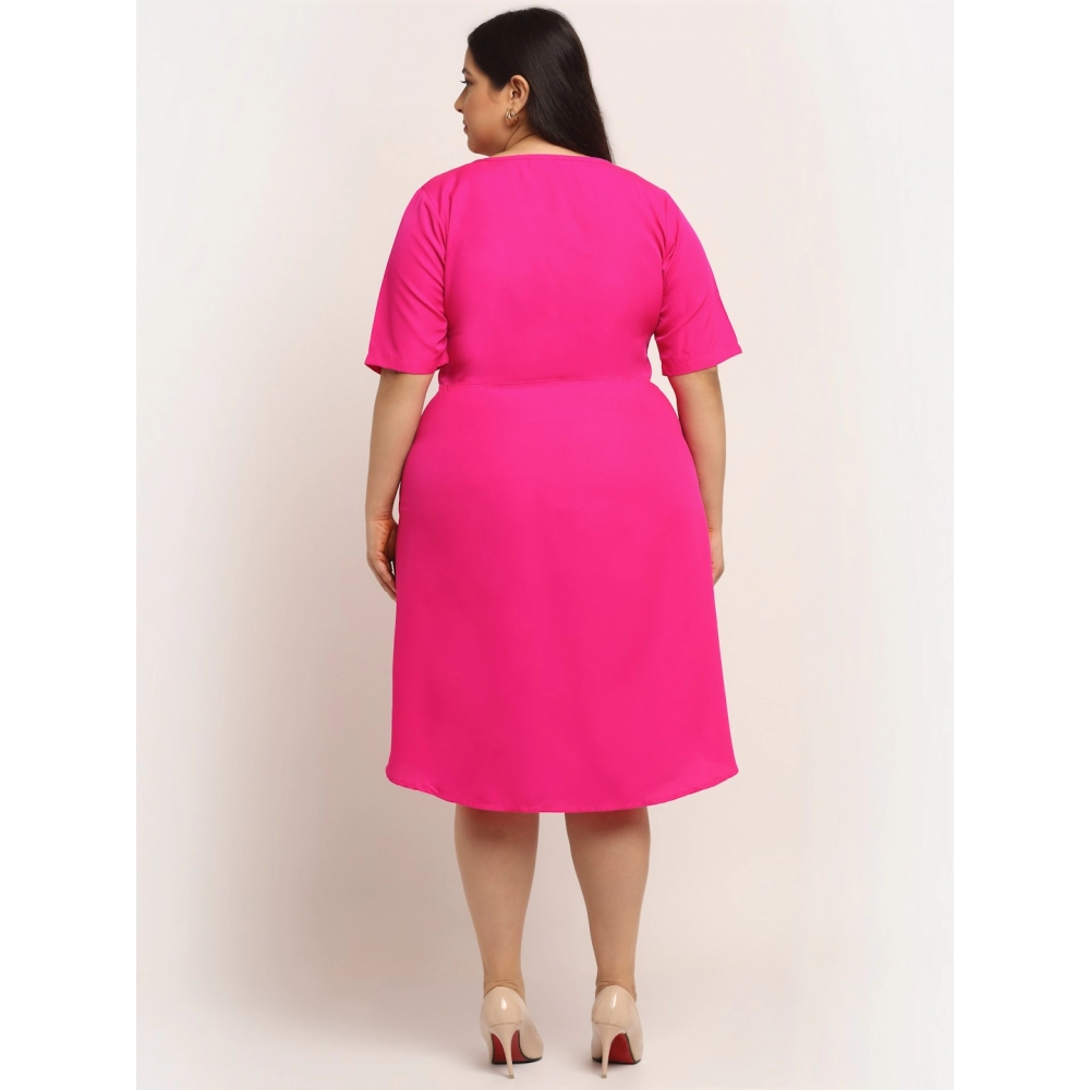 Women's Crepe Solid Knee Length Fit and Flare Dress (Pink) - Image 2