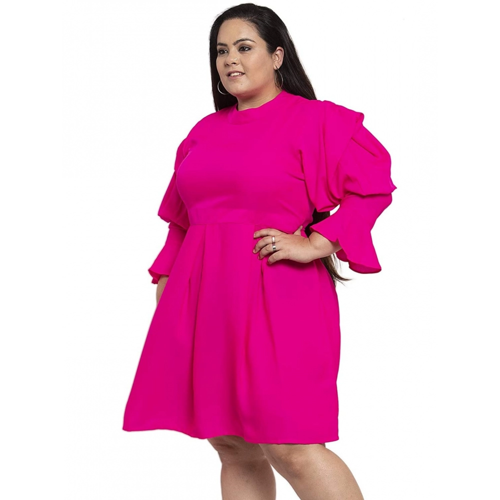 Women's Crepe Solid Knee Length Fit and Flare Dress (Pink) - Image 6