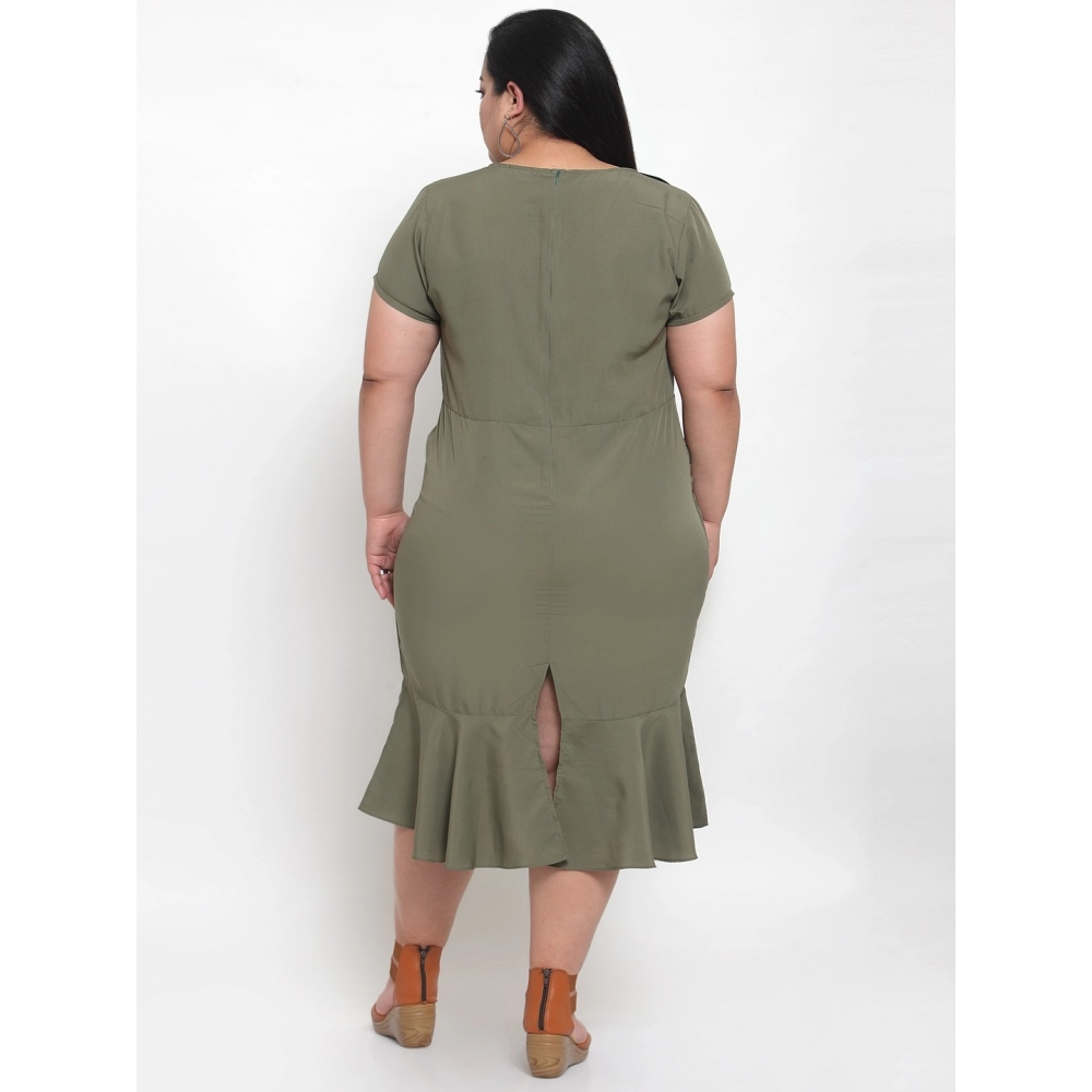 Women's Crepe Solid Knee Length Fit and Flare Dress (Olive Green) - Image 2