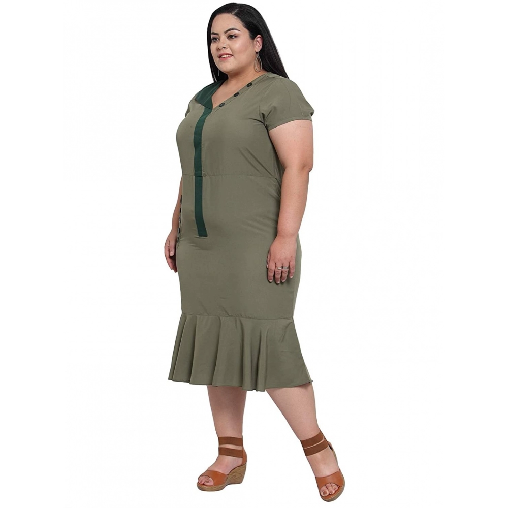 Women's Crepe Solid Knee Length Fit and Flare Dress (Olive Green) - Image 6