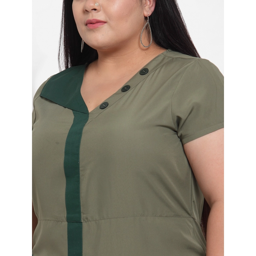 Women's Crepe Solid Knee Length Fit and Flare Dress (Olive Green) - Image 4